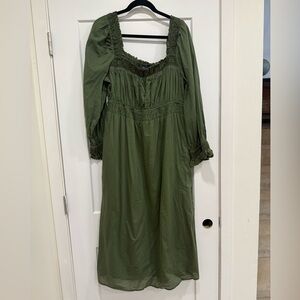 GAP 100% Cotton. Olive Green Maxi Dress with Smocked Square Neck